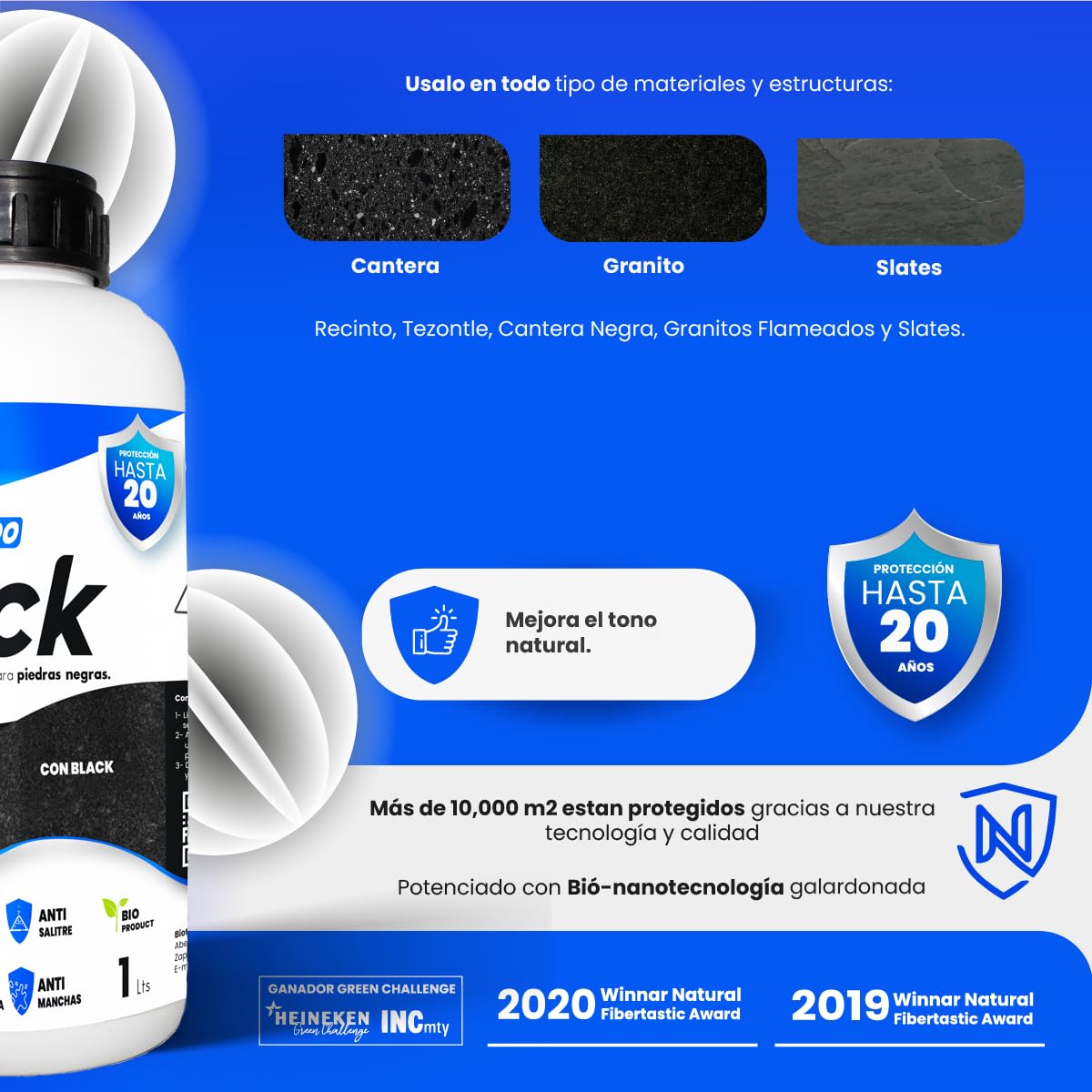 Nanoprotecto 776 SSBLS BLACK SATINADO Protector e intensificador para piedras negras, agregando un tono intenso húmedo. Ideal para recinto, tikul, granito negro flameado y slate. 1 Litro