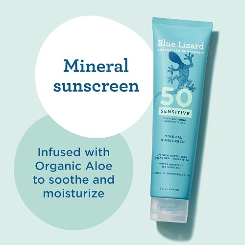 BLUE LIZARD Sensitive Mineral Sunscreen with Zinc Oxide 50+ Water Resistant UVAUVB Protection with Smart Cap Technology Fragrance Free , Sensitve, SPF 50 - - Tube, Unscented, 5 Fl Oz