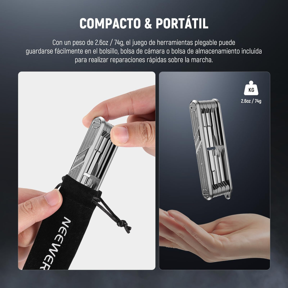 NEEWER Juego Herramientas Destornillador Plegable 10 en 1: 4 Destornillador, 6 Llave Hexagonal, Herramienta Bolsillo Compatible con SmallRig Camera Cage Rig Top Handle Tripod QR Plate, UA048S Platero