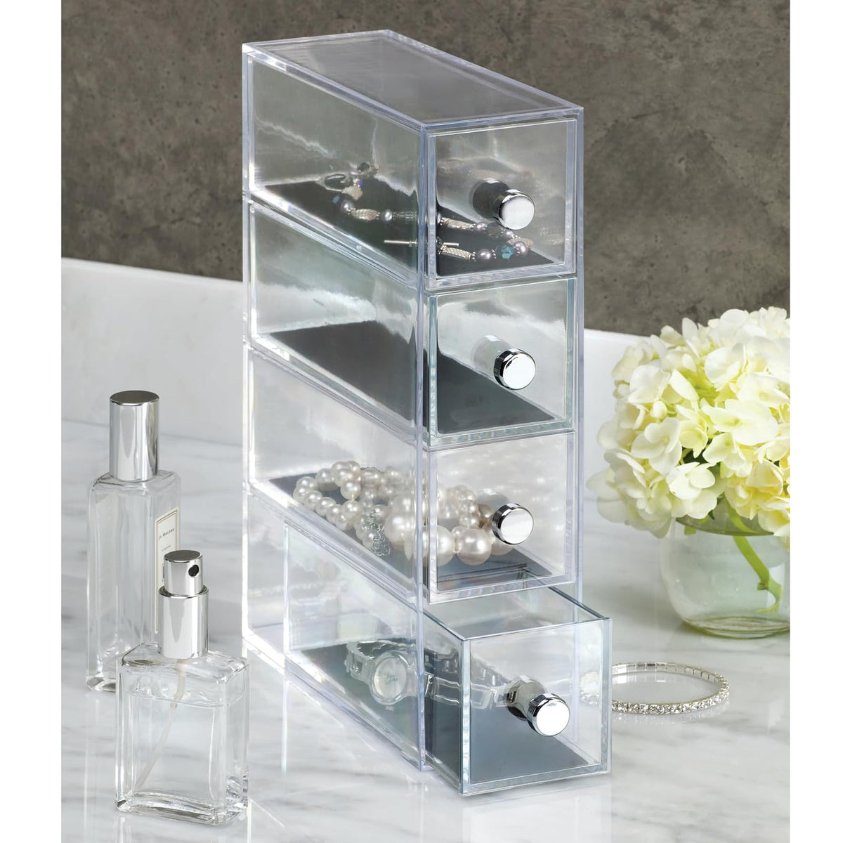 InterDesign Clarity - Jewelry organizer, with 4 drawers for watches, necklaces, rings, etc, anti-scratch, Plastic, Transparent