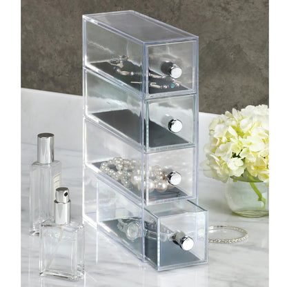 InterDesign Clarity - Jewelry organizer, with 4 drawers for watches, necklaces, rings, etc, anti-scratch, Plastic, Transparent