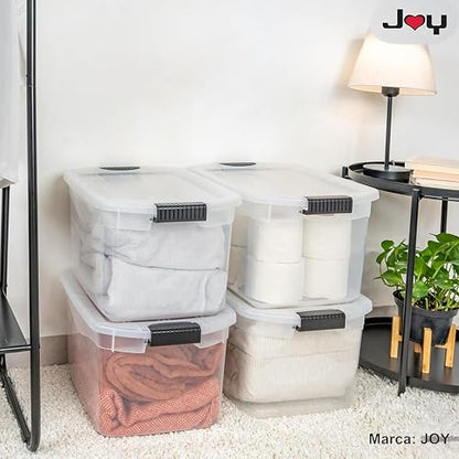 JOY - Caja de Almacenamiento Apilable, Pack de 2, para Organizador Armario, Juguetes, Ropa, con Broche y Tapa Duradera, 29 Litros de Capacidad, Plástico Libre de BPA, Transparente