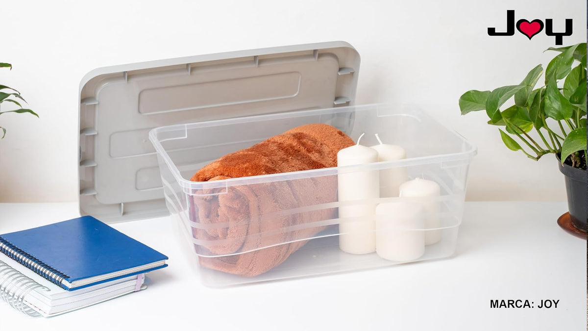 JOY Caja de almacenamiento de Plástico con Tapa, Paquete de 4, Capacidad de 16 Litros, Cajas Apilables para Organizar el Armario, Suministros Escolares (40x27x16 cm)