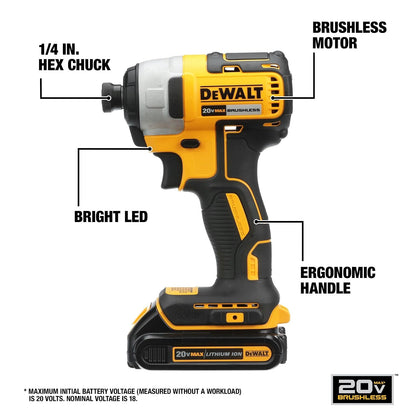 DEWALT driver de impacto de 20 V máximo, 1/4 pulgadas, batería y cargador incluidos (DCF787D1)