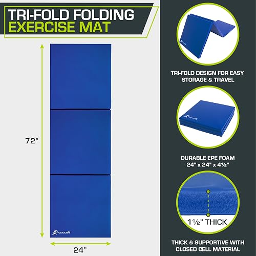 ProsourceFit Tri-Fold Folding Thick Exercise Mat 6’x2’ with Carrying Handles for MMA, Gymnastics Core Workouts, Blue