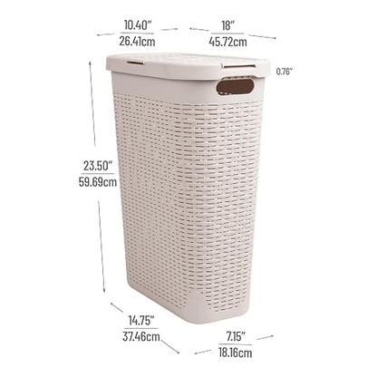 Mind Reader 40L Slim Laundry Hamper, Clothes Basket, Lid, Wicker Design, Plastic, 18" L x 10.4" W x 23.5" H, Set of 2, Ivory