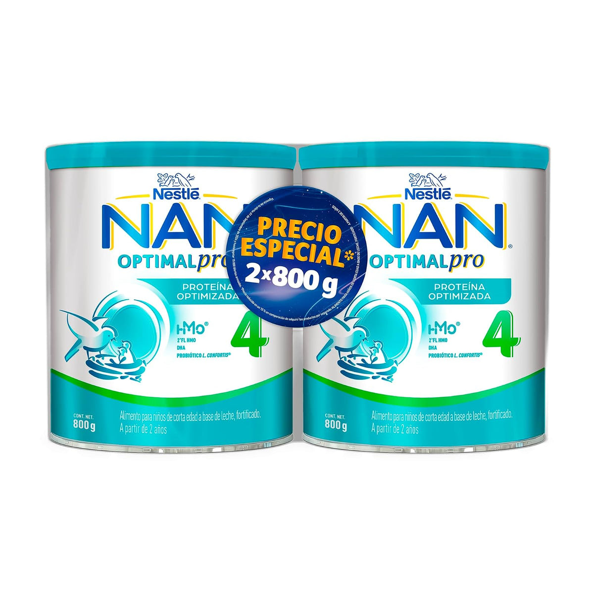 NAN 4 Optimal Pro, Alimento Para Niños de Corta Edad a Base de Leche, Fortificado, Proteína Optimizada, A Partir de 2 Años, Pack de 2 Latas de 800 g c/u