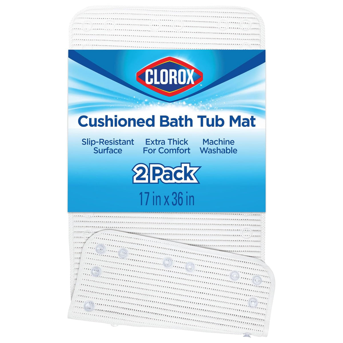 Duck Brand Clorox - Tapete de Ducha Acolchado, Antideslizante con ventosas, 17 x 36 Pulgadas, Blanco, Paquete de 2
