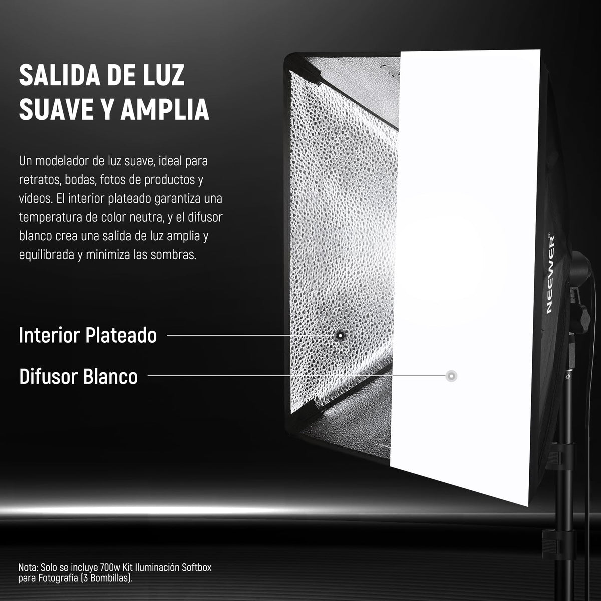 Neewer Kit de iluminación de Caja de luz Equivalente a 700 W, Paquete de 3 Bombillas LED con certificación UL de 5700 K, Cajas de luz de 24 x 24 Pulgadas con Enchufe E26, Kit de iluminación Continua