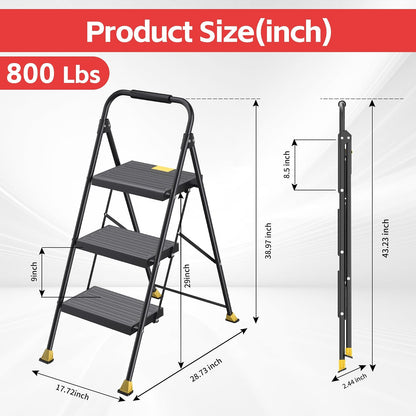 Taburete plegable plegable para el hogar, adultos, cocina, 3 escalones, alto y resistente con pasamanos, escaleras de escalera de clóset, escaleras de escalera extensible para interiores y casas de