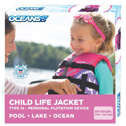 Oceans 7 US Coast Guard-Approved Kids Life Jacket 30-50 lbs, Type III PFD Flexible-Fit Open-Sided Design Personal Flotation Device, Pink/Berry