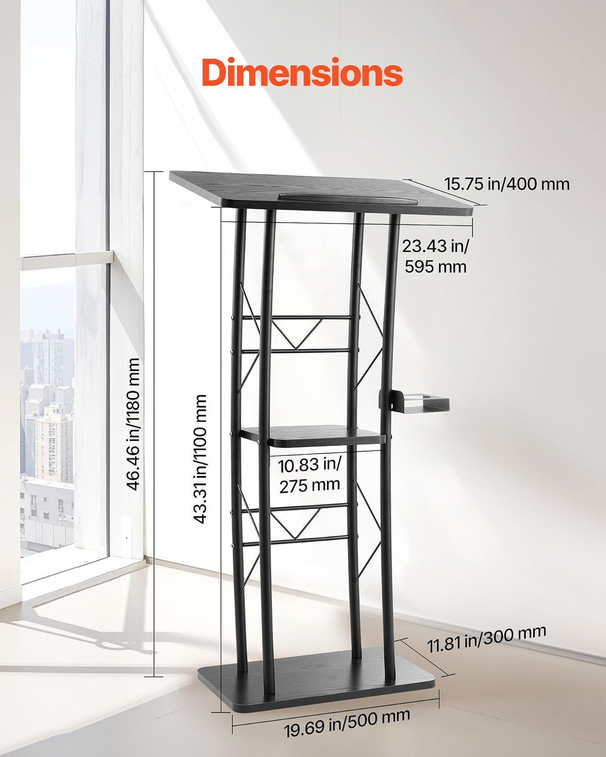 VEVOR Soporte de Podio de Metal Curvo Atril de Pie con Amplia Superficie de Lectura 59,5 x 40 cm, Estante de Almacenamiento, Portavasos para Aulas, Bodas, Conferencias, Discursos, Conciertos