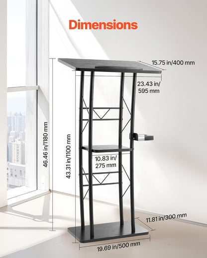 VEVOR Soporte de Podio de Metal Curvo Atril de Pie con Amplia Superficie de Lectura 59,5 x 40 cm, Estante de Almacenamiento, Portavasos para Aulas, Bodas, Conferencias, Discursos, Conciertos