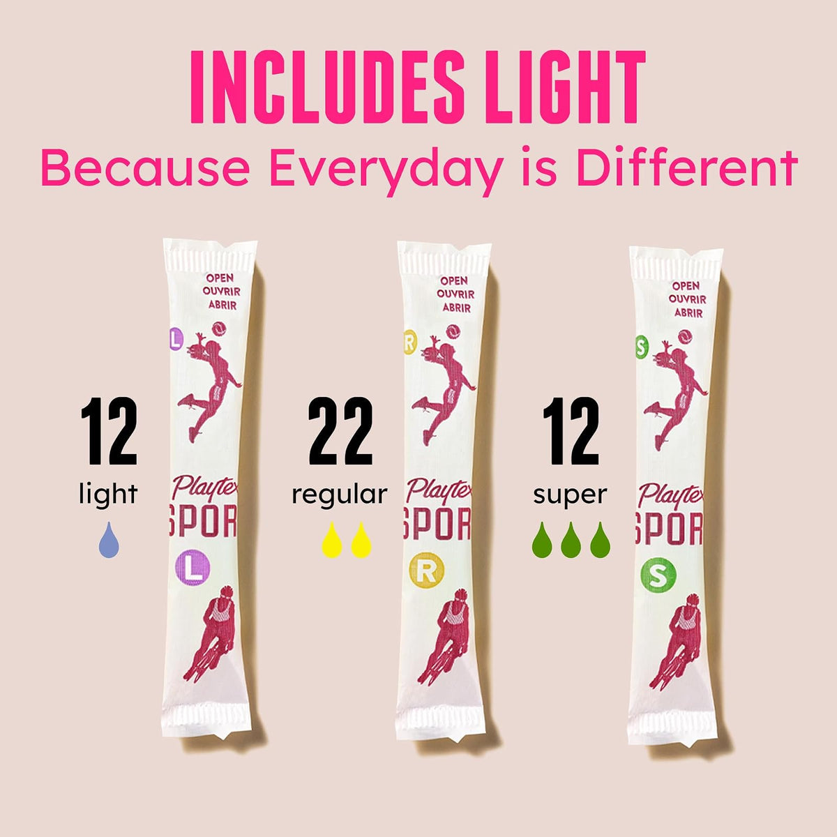 Playtex Sport - Paquete múltiple de tampones, ligero/regular/súper absorbencia, 46 unidades