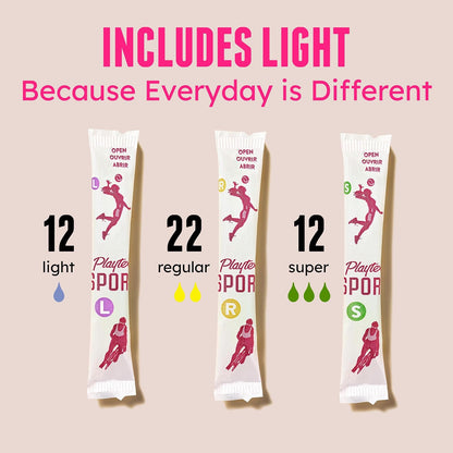 Playtex Sport - Paquete múltiple de tampones, ligero/regular/súper absorbencia, 46 unidades