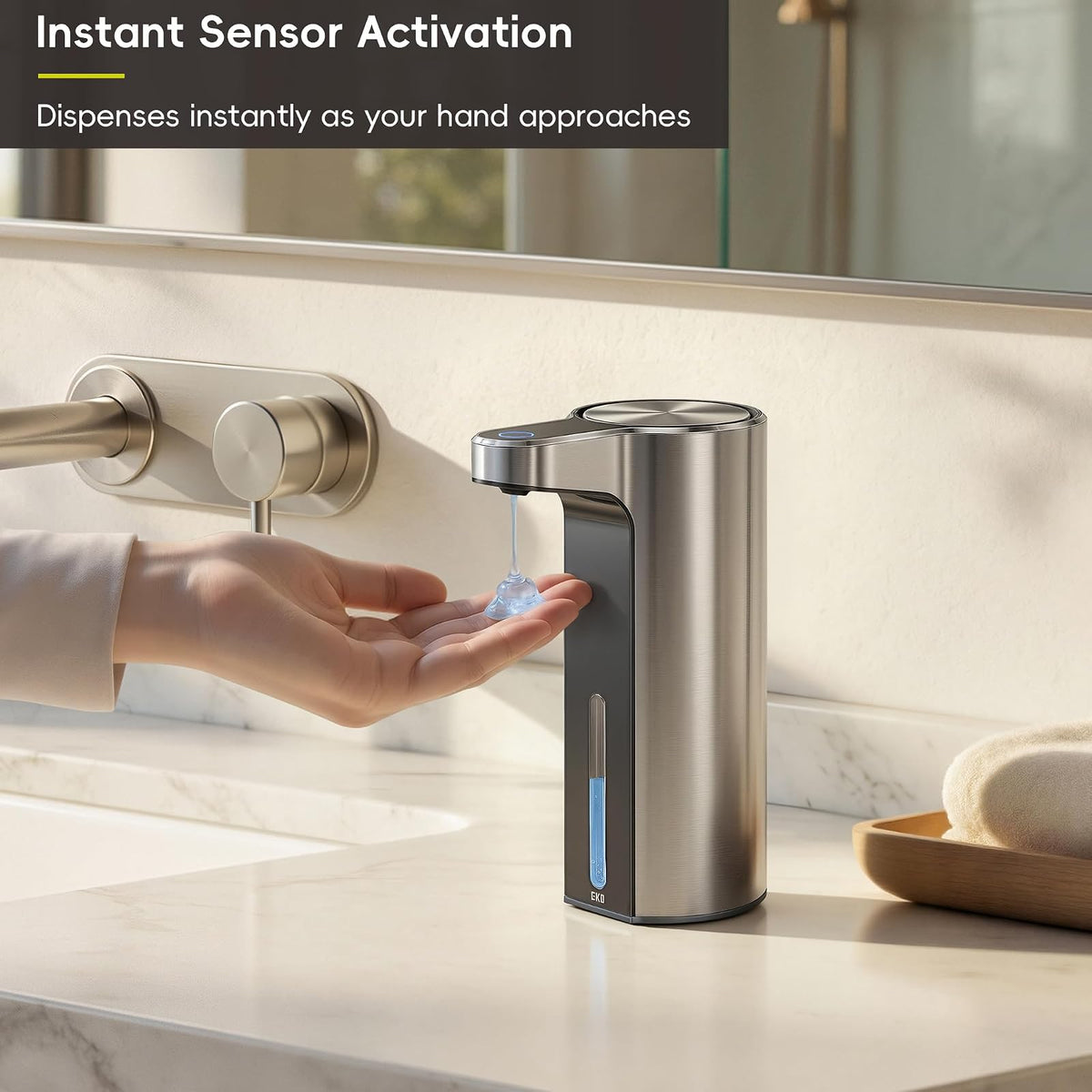 EKO Aroma - Dispensador automático de jabón sin Contacto para Cocina y baño, dispensador de jabón líquido para Manos, Resistente al Agua y Recargable, 9 onzas líquidas (Inoxidable)