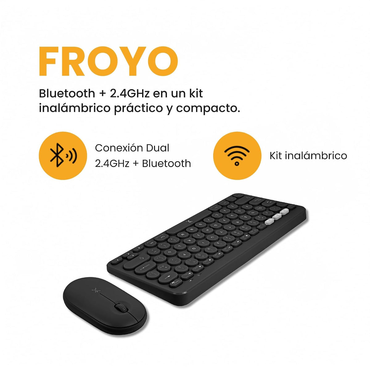 PERFECTCHOICE Kit de Teclado y Mouse Inalámbrico Bluetooth Dual 2.4GHz PC-201397 Froyo Color Negro