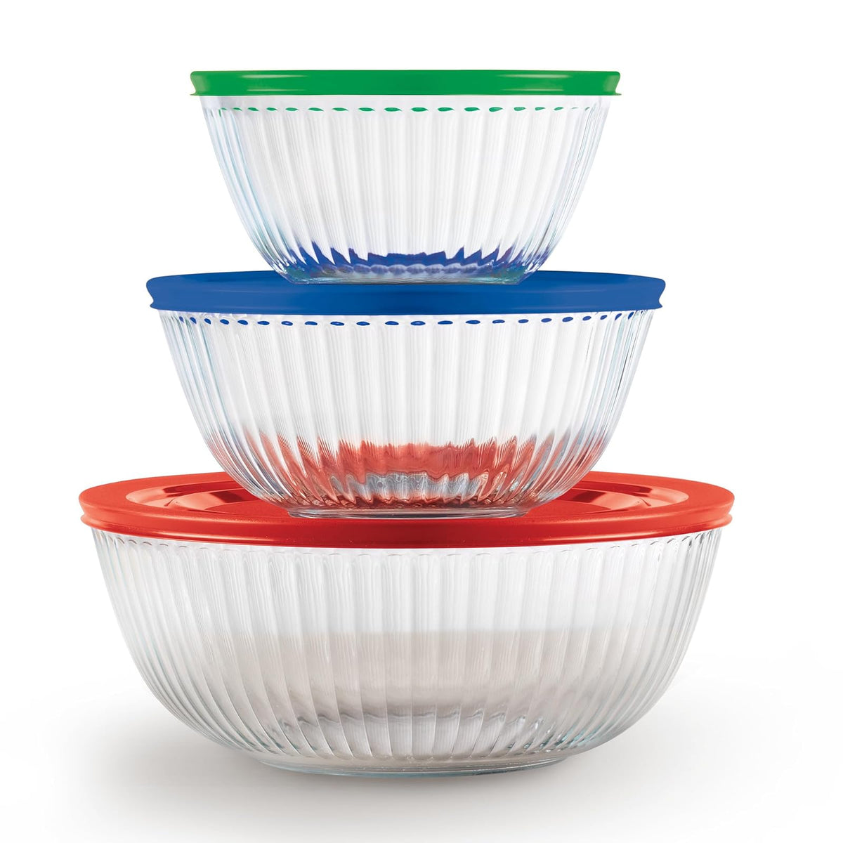 Pyrex - Juego de 3 cuencos de vidrio esculpidos con tapas para preparar, hornear y cocinar, horno precalentado, lavaplatos, congelador y microondas