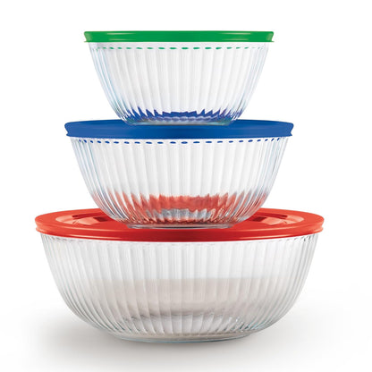 Pyrex - Juego de 3 cuencos de vidrio esculpidos con tapas para preparar, hornear y cocinar, horno precalentado, lavaplatos, congelador y microondas
