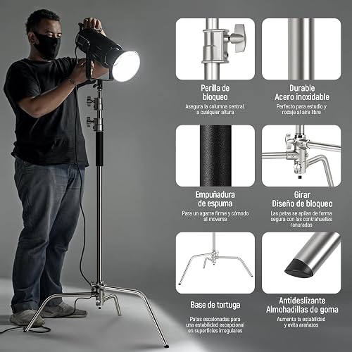 NEEWER C Stand Luz Resistente 3,4m Trípode Soporte de Fotografía de Metal con Amortiguador de Resorte Integrado y 1/4" Tornillo para Iluminación LED de Estudio y Cámara DSLR, Carga Máxima: 10kg, Negro