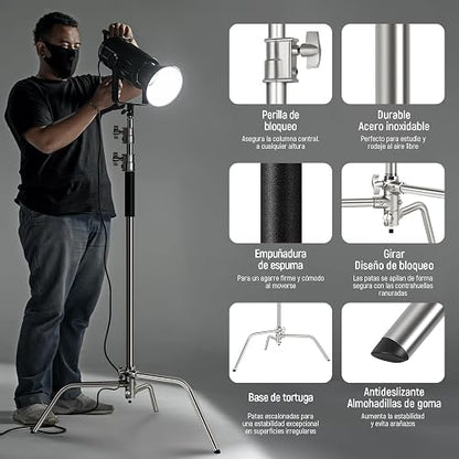 NEEWER C Stand Luz Resistente 3,4m Trípode Soporte de Fotografía de Metal con Amortiguador de Resorte Integrado y 1/4" Tornillo para Iluminación LED de Estudio y Cámara DSLR, Carga Máxima: 10kg, Negro