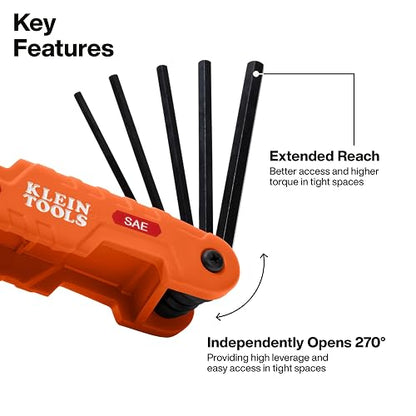 Klein Tools 70550 Juego de llaves hexagonales plegables profesionales, 11 llaves, medidas SAE extralargas