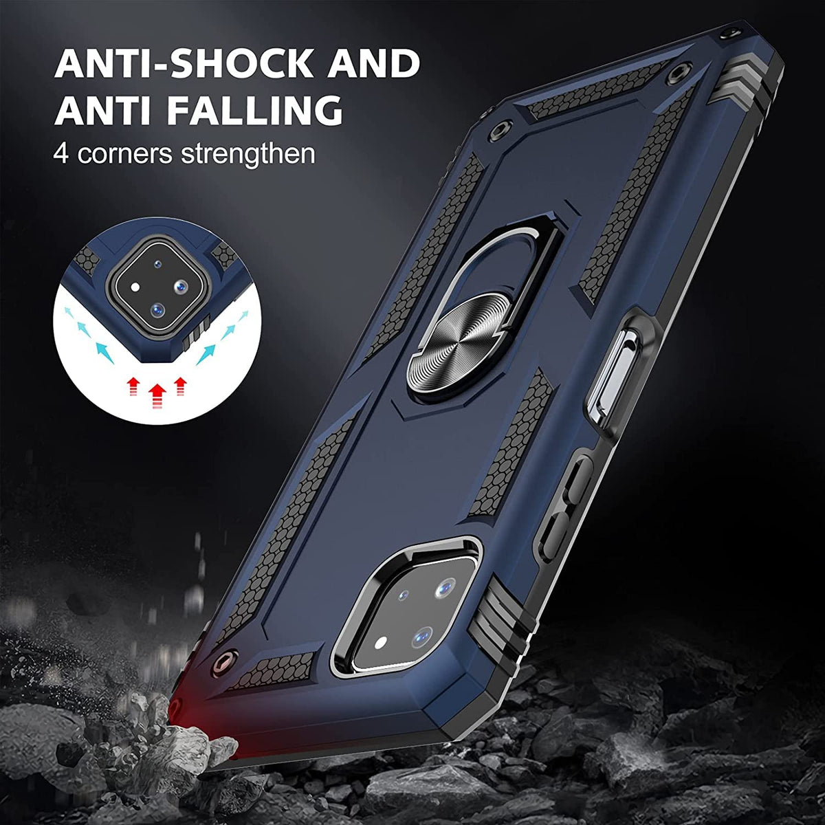 BestMX Funda para Samsung Galaxy A22 (5G Version) Case + Protector de Pantalla de Cristal Templado + Lens Mica, Híbrida Rugged Protección Dual Layer Bumper Carcasa con Pie De Apoyo, Azul