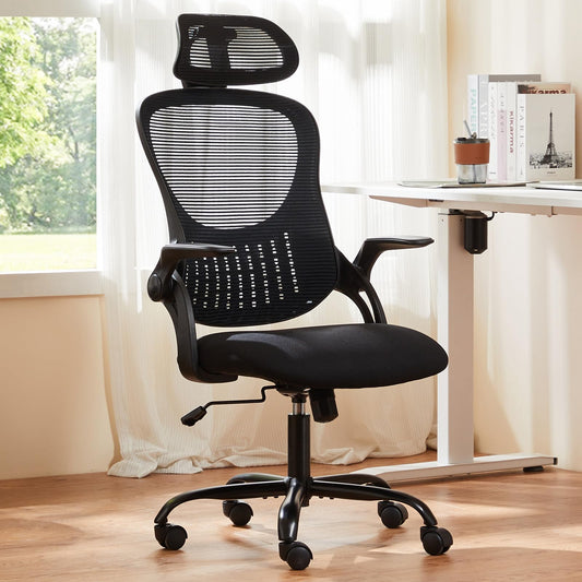 Sweetcrispy - Silla ejecutiva de Oficina en casa, Malla de Respaldo Alto con reposacabezas Ajustable, reposabrazos abatible, cómodo Soporte Lumbar, Brazos cómodos para recámara, Estudio, Estudiante