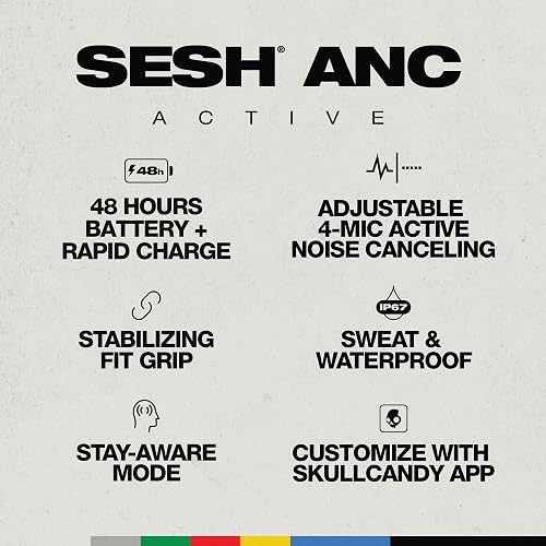 Skullcandy Sesh ANC Active Noise Cancelling Wireless Earbuds - Black/Orange | Bluetooth Headphones, Noise Cancellation, Customizable Sound, 48 Hours Battery, Stable Fit, Sweat and Waterproof, Microphone