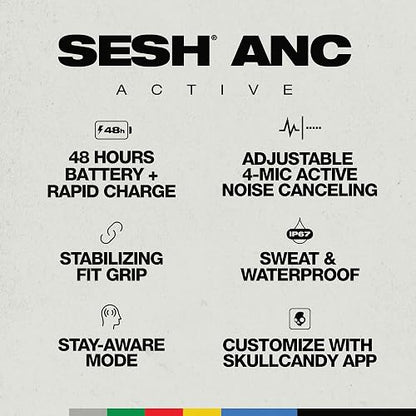 Skullcandy Sesh ANC Active Noise Cancelling Wireless Earbuds - Black/Orange | Bluetooth Headphones, Noise Cancellation, Customizable Sound, 48 Hours Battery, Stable Fit, Sweat and Waterproof, Microphone