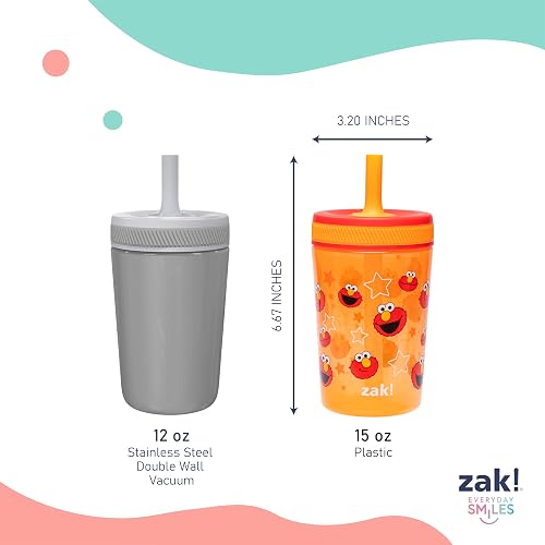 Zak Designs - Vasos para niños pequeños de Sesame Street Kelso para viajes o en casa, paquete de 2 vasos de plástico duraderos de 15 onzas con diseño a prueba de fugas, perfectos para niños (Elmo y