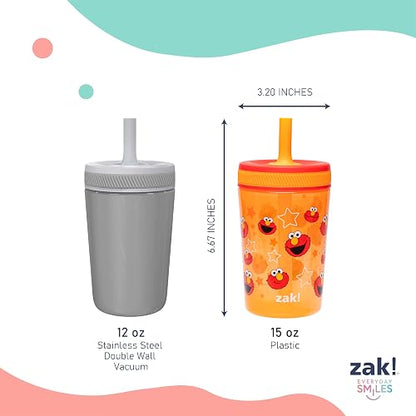 Zak Designs - Vasos para niños pequeños de Sesame Street Kelso para viajes o en casa, paquete de 2 vasos de plástico duraderos de 15 onzas con diseño a prueba de fugas, perfectos para niños (Elmo y