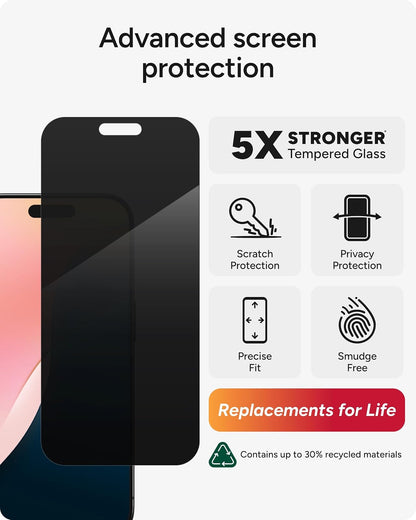 ZAGG Glass Elite - Protector de visualización de privacidad para iPhone 16 Pro, filtro de privacidad de 2 vías, vidrio templado ultrarresistente, 5 veces más fuerte, sin manchas, fácil instalación