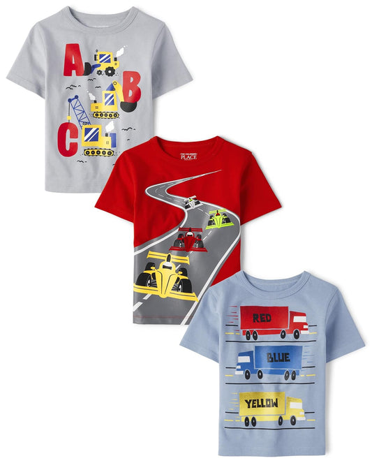 The Children's Place Paquete de 3 Playeras Gráficas para Niño - Abc Construction - Camiones de color - Speedwar Racers - 3T