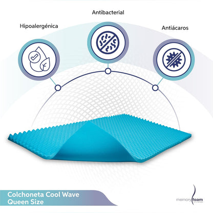 Memory Foam | Colchoneta Cool Wave Queen Size – Coloca sobre el Colchón – Fresca y con Ondas de Masaje - 100%