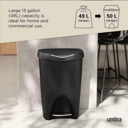 Umbra Brim Bote de Basura Moderno Grande con Tapa para Cocina y Baño, 50L, Negro
