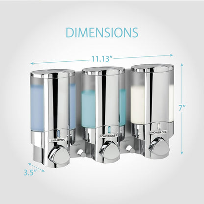 Better Living Aviva - Dispensador de Ducha de 3 cámaras, dispensador de jabón de Ducha para baño y Hotel, Ganchos Integrados, sin taladros, dispensador de jabón de champú Impermeable, 3 x 11 onzas