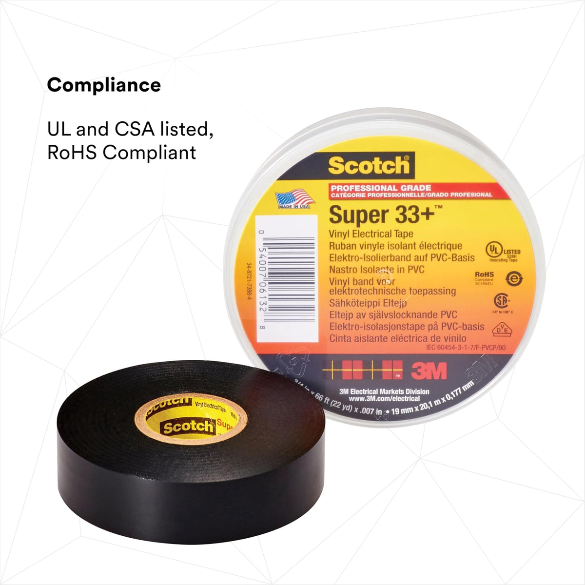 3M Scotch Super 33+ Cinta eléctrica – 3/4 pulgadas x 50 pies, vinilo de grado premium para todo tipo de clima, resistente a la abrasión, la humedad, la corrosión, los alcalinos, negro, 1 rollo
