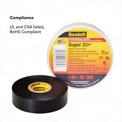 3M Scotch Super 33+ Cinta eléctrica – 3/4 pulgadas x 50 pies, vinilo de grado premium para todo tipo de clima, resistente a la abrasión, la humedad, la corrosión, los alcalinos, negro, 1 rollo