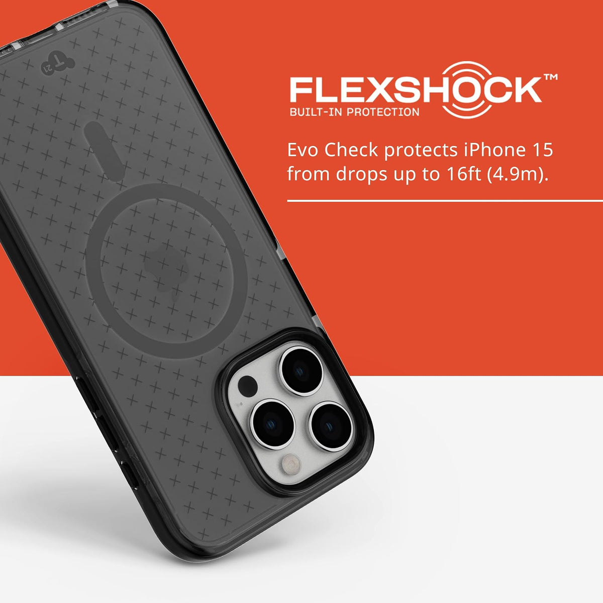 Tech21 EVO Check - Funda para iPhone 15 Pro MAX, Compatible con MagSafe, Funda de protección contra Impactos, Color Ahumado/Negro