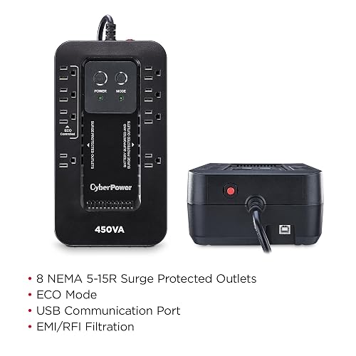 CyberPower - EC450G 450VA/260W sin interrupción (UPS) | 450VA/260W, 8 tomacorrientes, modo ECO, compacto, certificado UL