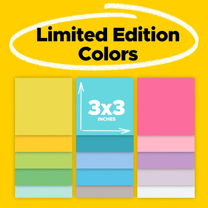 Post-it Super Sticky Notes 3 x 3 in | Colección edición limitada, 15 almohadillas, 45 hojas por bloc, multicolor, poder adhesivo 2x