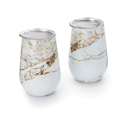 Vaso de vino de mármol con tapa, 12 onzas, blanco, cobre, juego de 2