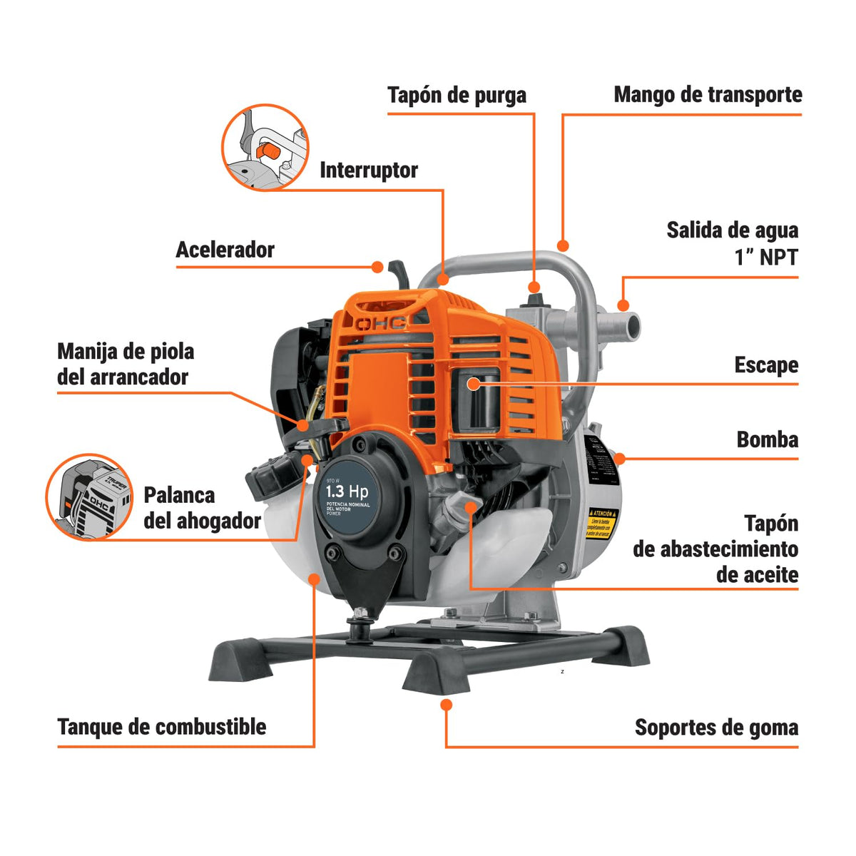 Truper MOTB-14, Motobomba autocebante motor de 4 tiempos a gasolina conexiones 1" x 1" potencia 1.3 HP uso agrícola