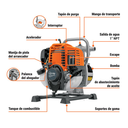 Truper MOTB-14, Motobomba autocebante motor de 4 tiempos a gasolina conexiones 1" x 1" potencia 1.3 HP uso agrícola