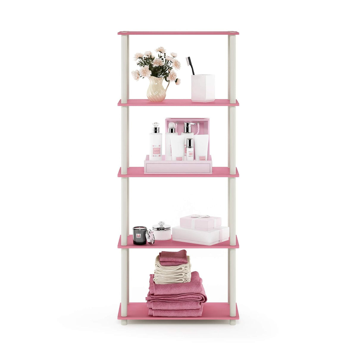 Furinno Turn-N-Tube Estante Multiusos de Almacenamiento de 5 Niveles, Tubo Redondo, Rosa con Blanco