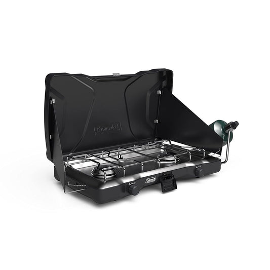 Coleman Triton - Estufa de camping de propano de 2 quemadores, parrilla de camping portátil con quemadores ajustables, protectores de viento, pestillo y mango de alta resistencia, 22.000 BTU de
