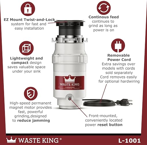 Residuos King l-1001 Legend Series 1/2 HP Continuous Feed Operation Garbage Disposer (con cable de alimentación)