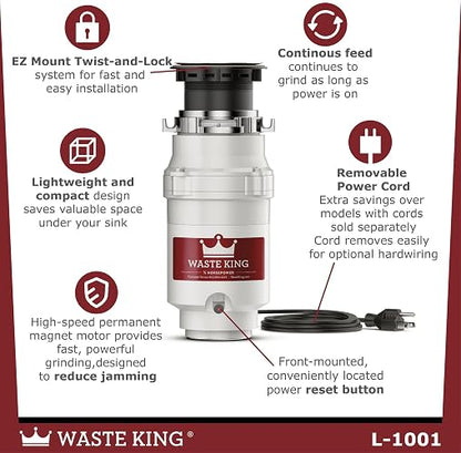 Residuos King l-1001 Legend Series 1/2 HP Continuous Feed Operation Garbage Disposer (con cable de alimentación)