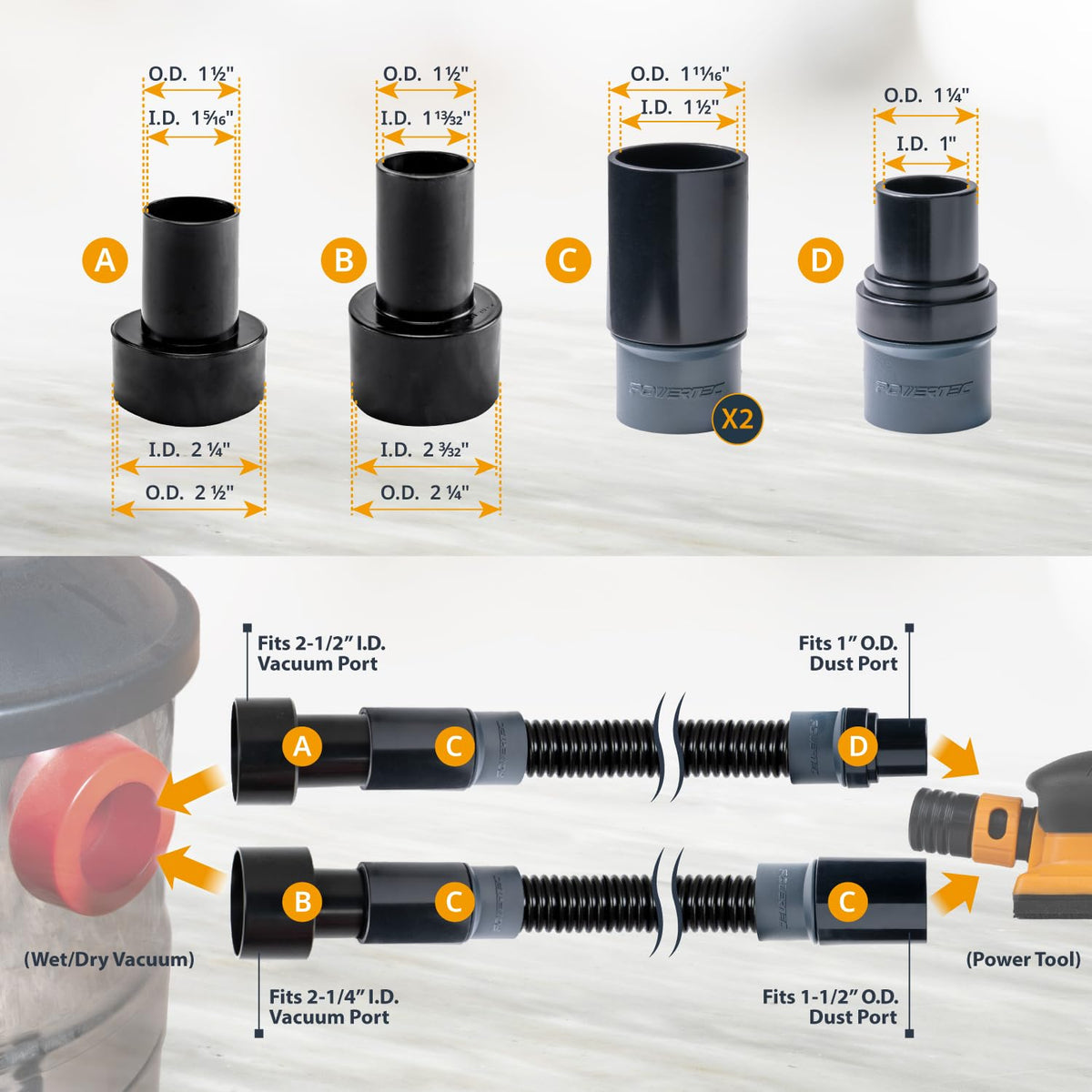 POWERTEC 70347 Kit de manguera de recogida de polvo de 10 pies con 5 accesorios para carpintería, herramientas eléctricas para el hogar y aspiradoras de tienda húmeda/seca